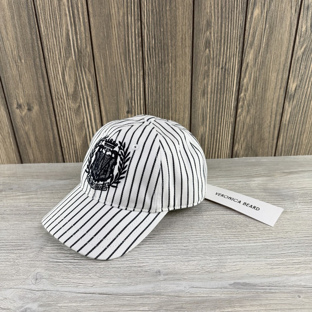 Veronica Beard Stripe Canvas Baseball Cap With Crest Navy White OS NWT